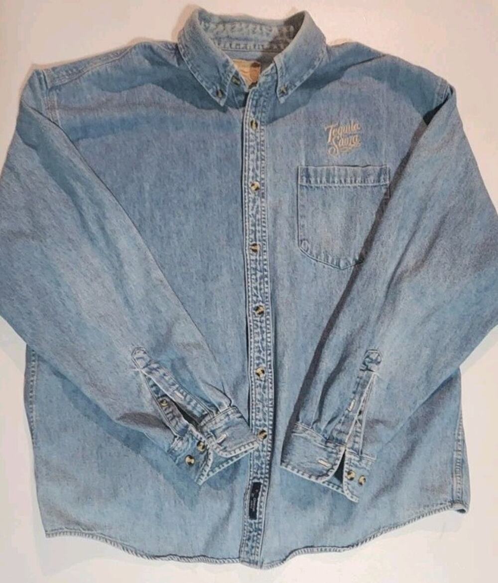 Men's Denim Shirt Button Up Sauza Tequila Embroidery Blue Size XL